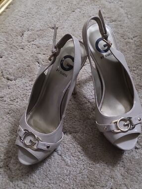 G by Guess Light Beige Open-Toe Slingback Heels with Logo Accent